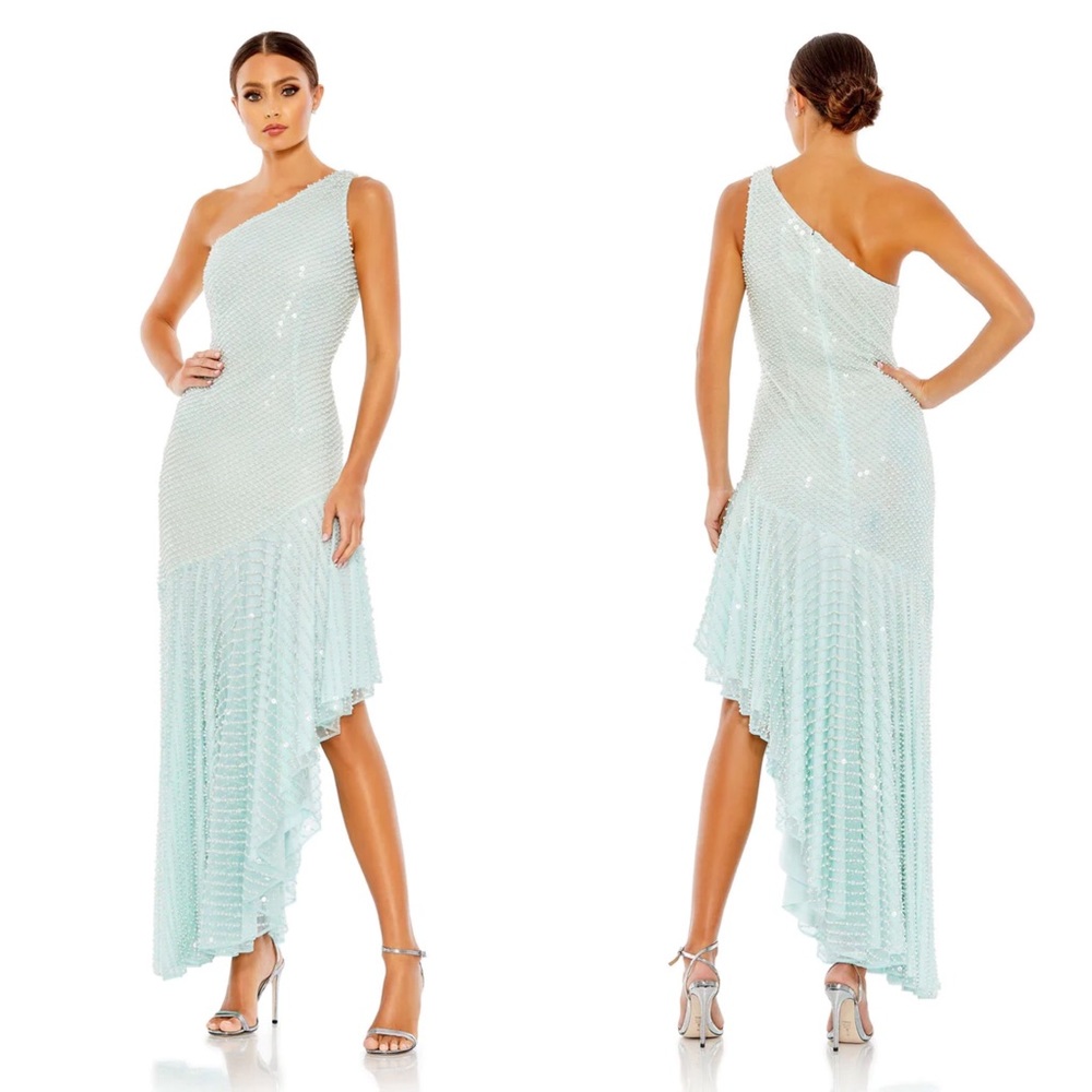 NEW NWT Mac Duggal One Shoulder Asymmetrical Hem Dress Seafoam